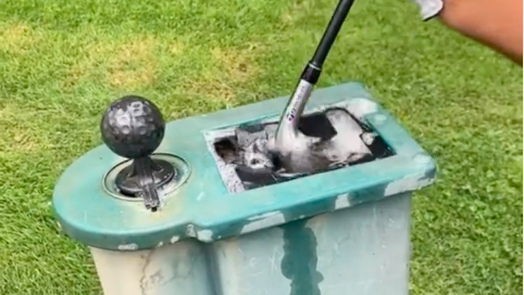 Golf fans react as group of golfers clubs in a BALL CLEANER